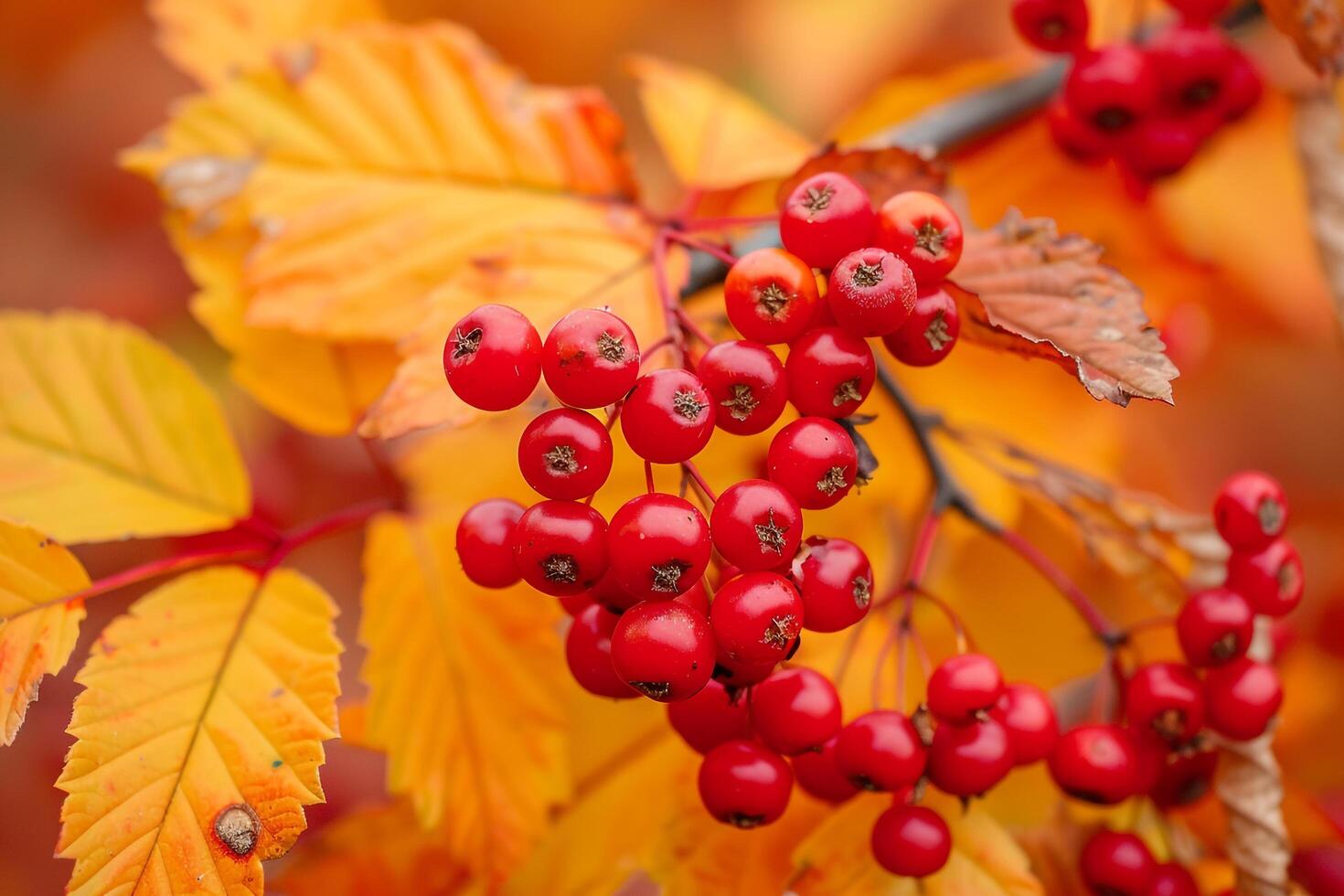 Bright red berries contrasting with autumn leaves background nature photo