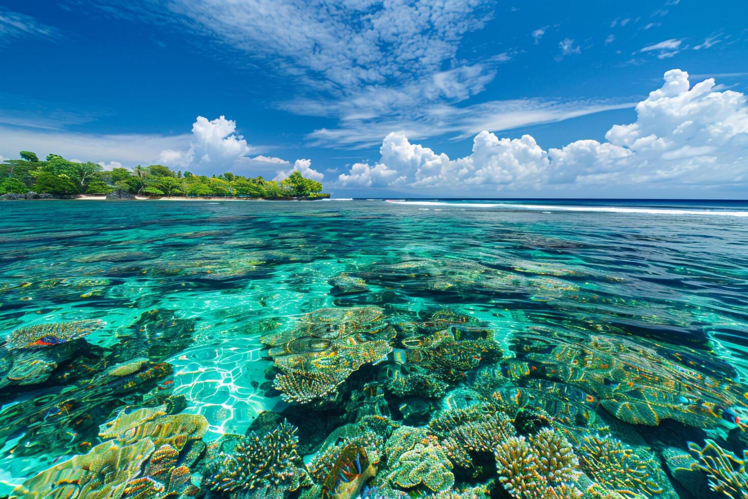 Tropical beach with turquoise waters and coral reefs visible beneath the surface background nature photo