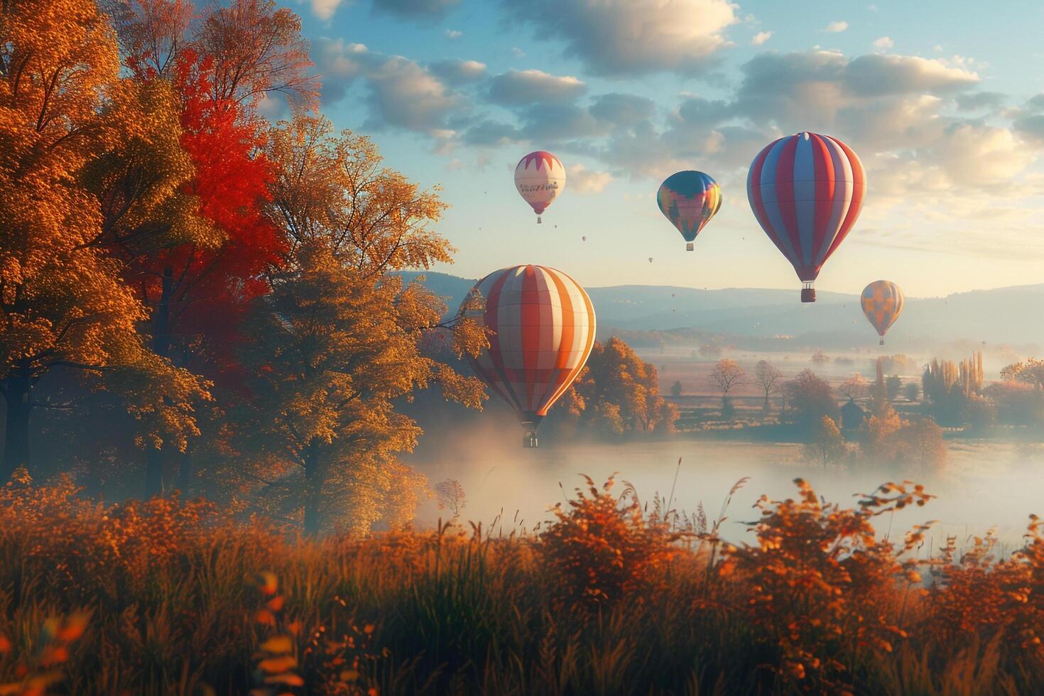 hot air balloons floating above a  autumn landscape nature background photo