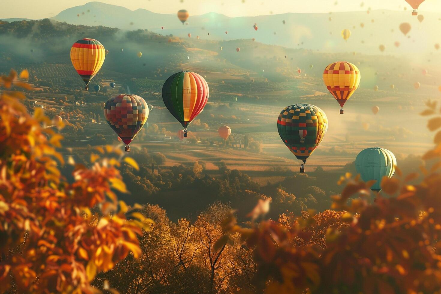 hot air balloons floating above a  autumn landscape nature background photo