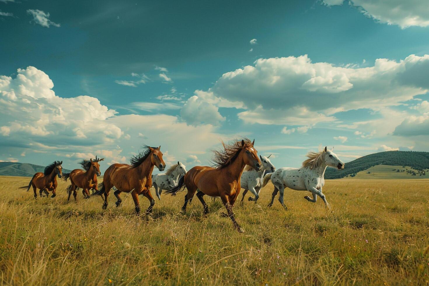pack of wild horses running free in an open field nature background photo