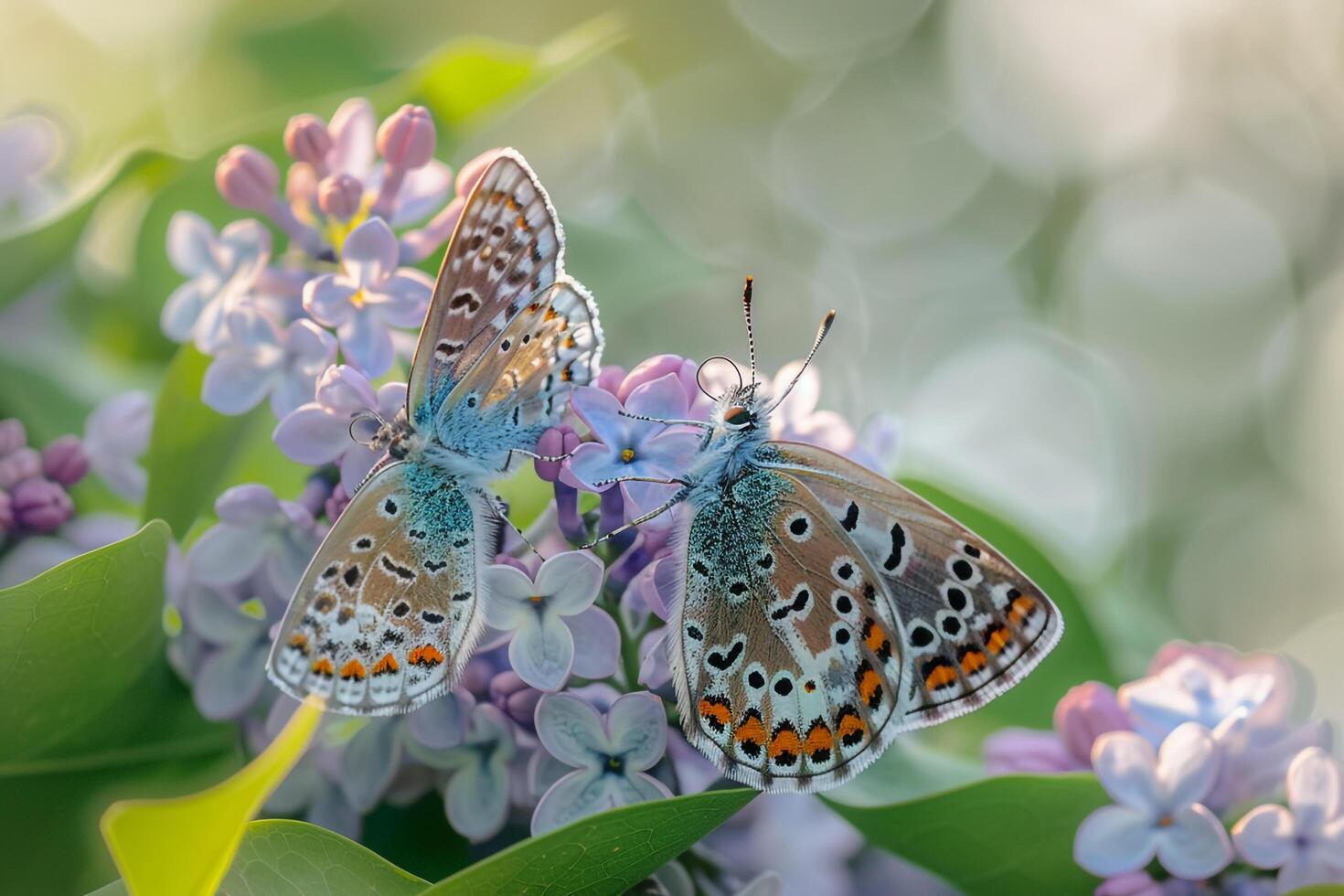 Butterflies Resting on Green Leaves Among Blooming Lilac Bushes   Nature Background photo
