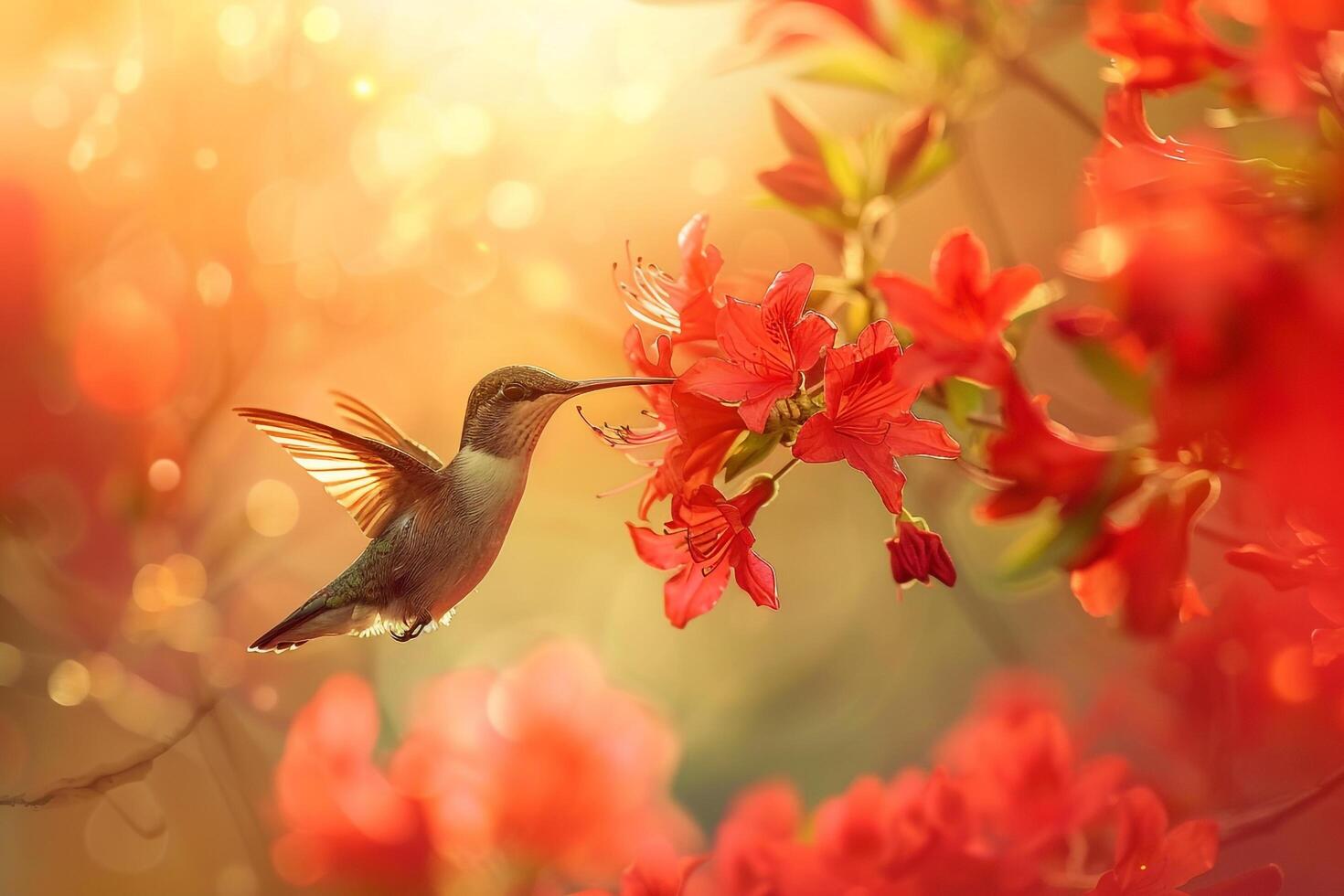 Hummingbird Sipping Nectar from Bright Red Azalea Flowers in a Sunlit Garden   Nature Background photo