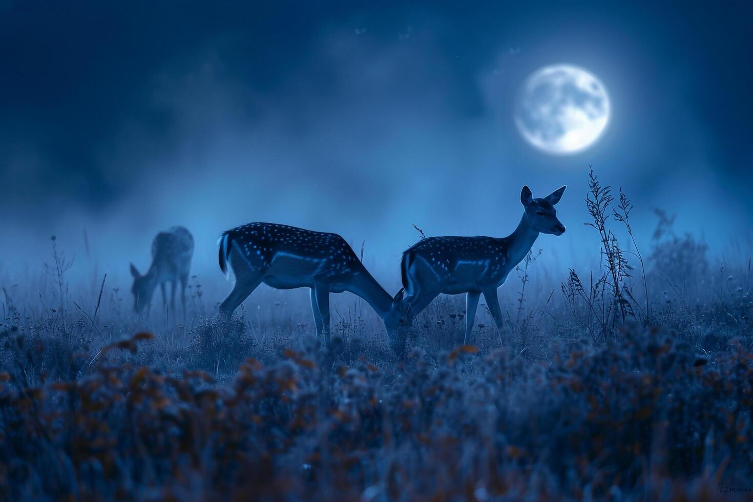 Moonlight Filtering Through Mist. Casting a Silver Glow on a Family of Deer Grazing in a Meadow   Nature Background photo