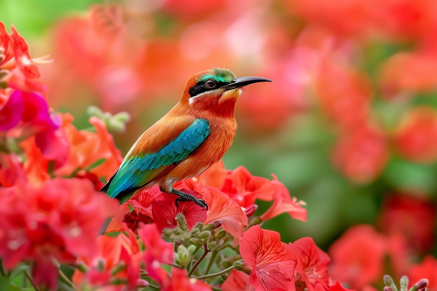 Northern Carmine Bee Eater Perched Among Red Geraniums   Nature Background photo