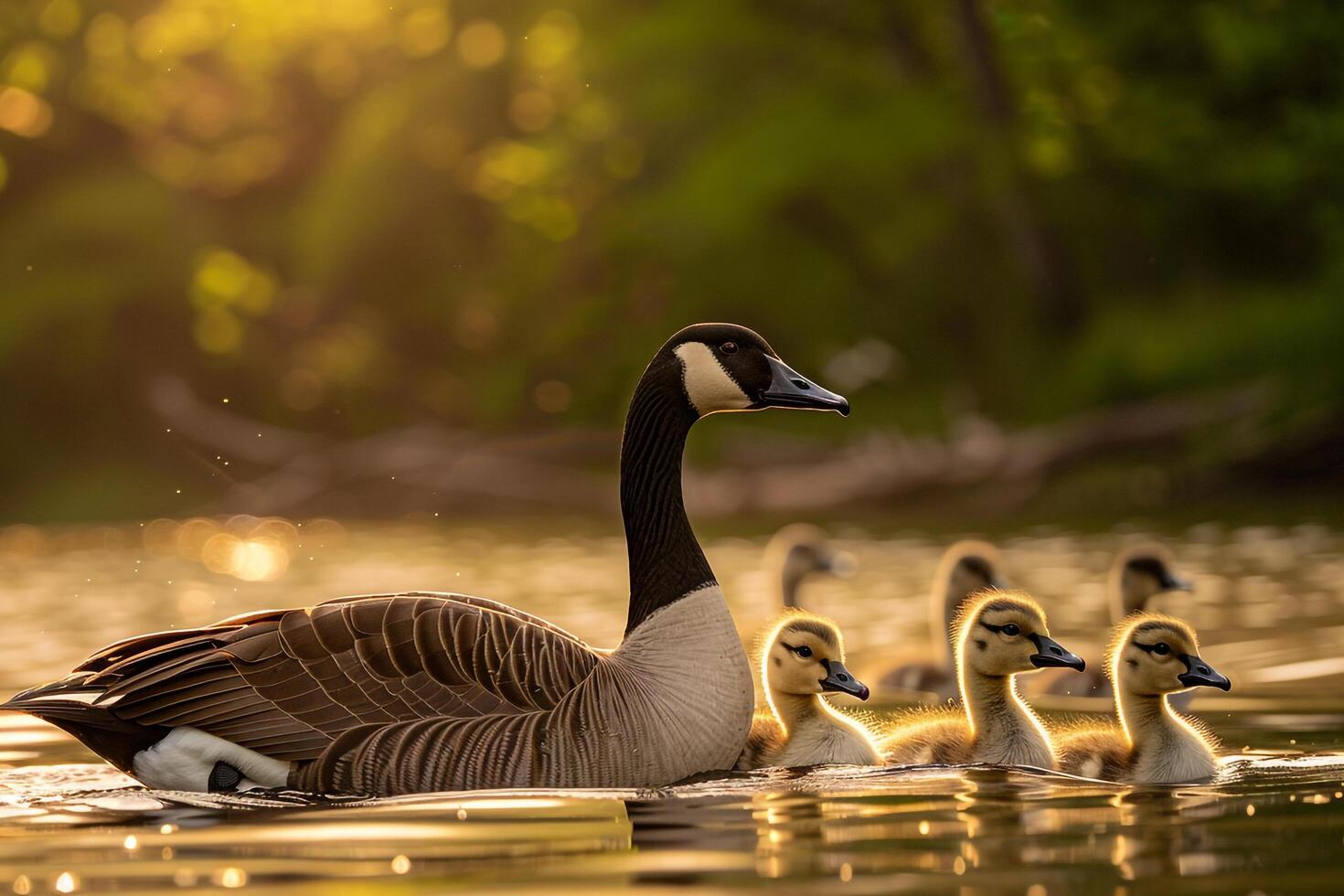 Canada Goose Family Gliding on Lake Surface   Nature Background photo