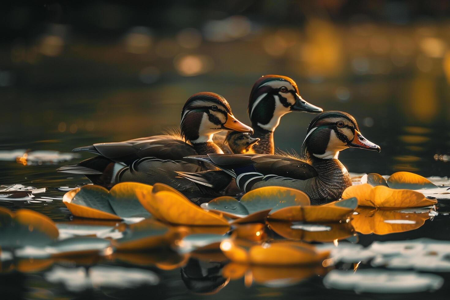 Wood Duck Family Swimming Among Lily Pads Background Nature photo