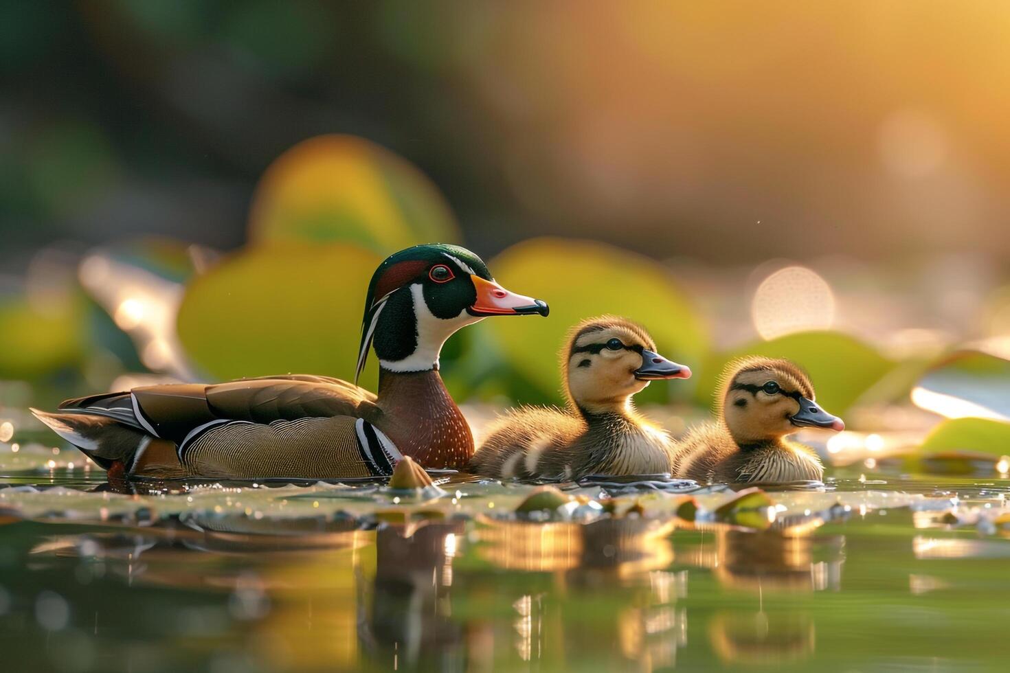 Wood Duck Family Swimming Among Lily Pads Background Nature photo