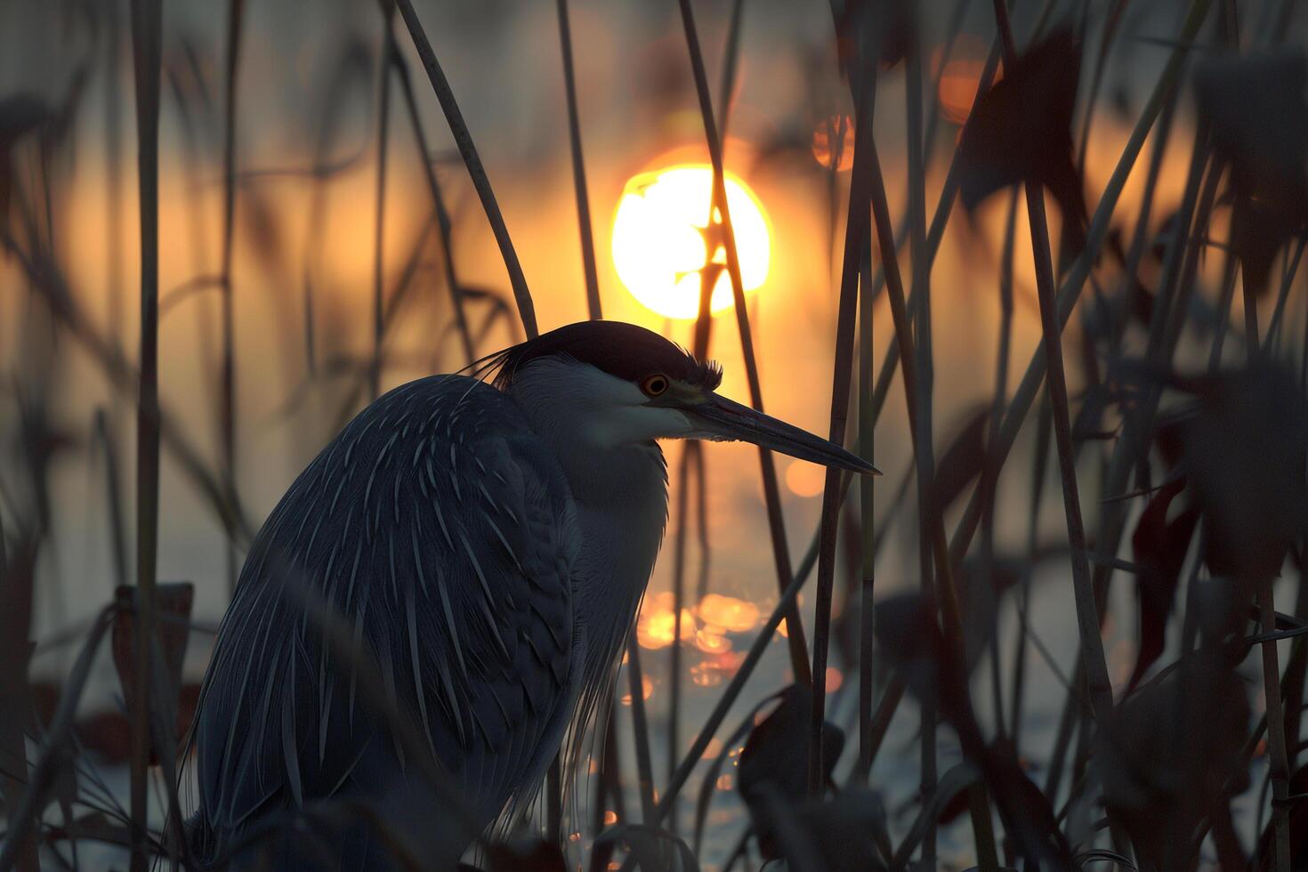 Black Crowned Night Heron Hunting Among Reeds at Twilight Background Nature photo