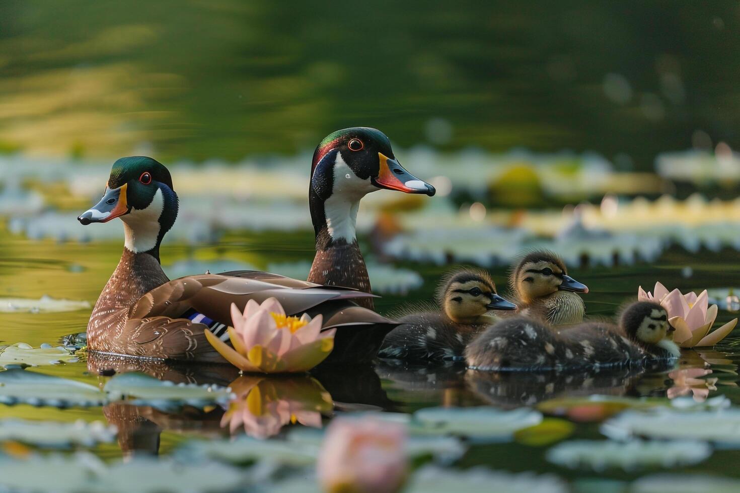 Wood Duck Family Swimming Among Lily Pads Background Nature photo