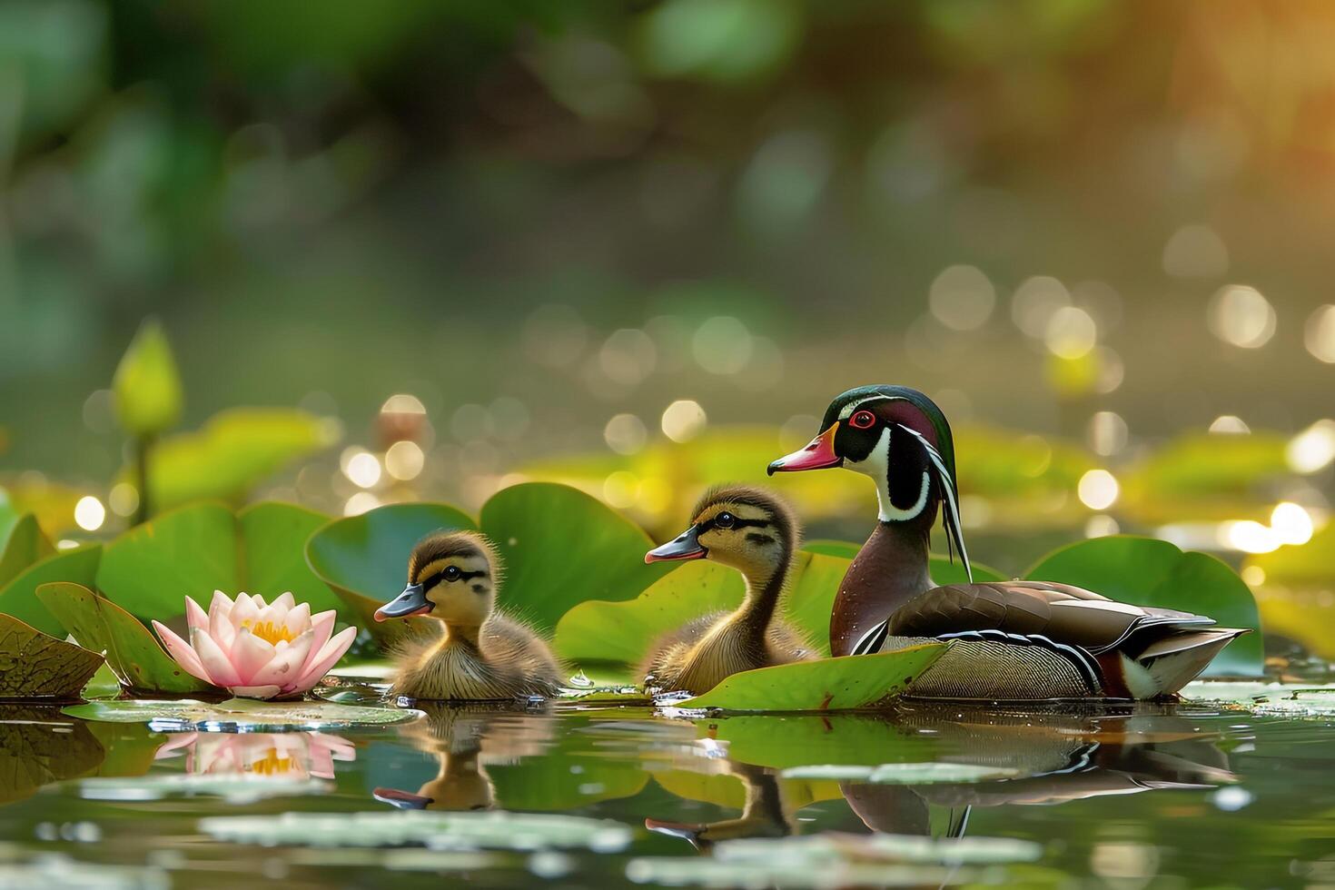 Wood Duck Family Swimming Among Lily Pads Background Nature photo
