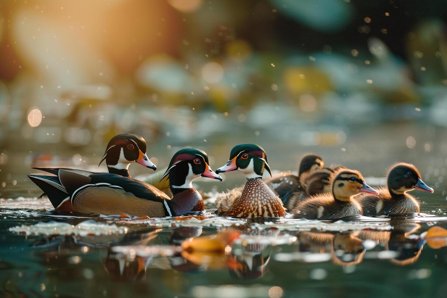 Wood Duck Family Swimming Among Lily Pads Background Nature photo