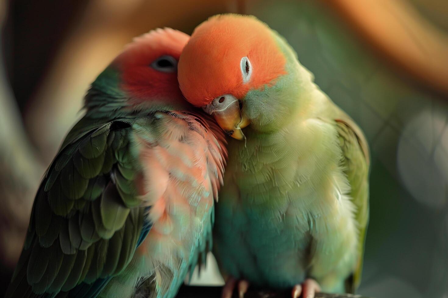 A Pair of Lovebirds Grooming Each Other on a Perch in an Indoor Aviary. Feathers Preening with Tenderness photo