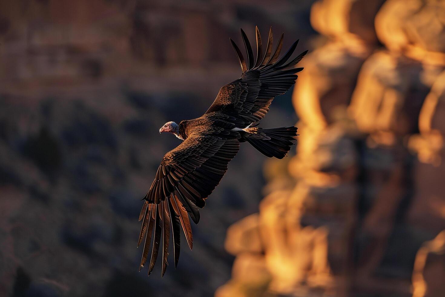 Turkey Vulture Gliding Over Canyon Walls Background Nature photo