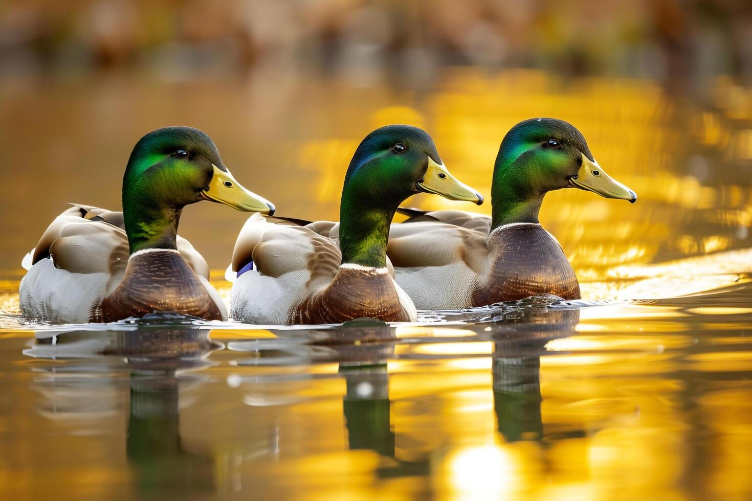 Mallard Ducks Swimming in Reflective Pond Background Nature photo