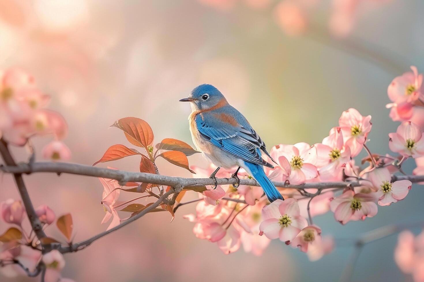 Eastern Bluebird Perched on Blossoming Dogwood Branch   Nature Background photo