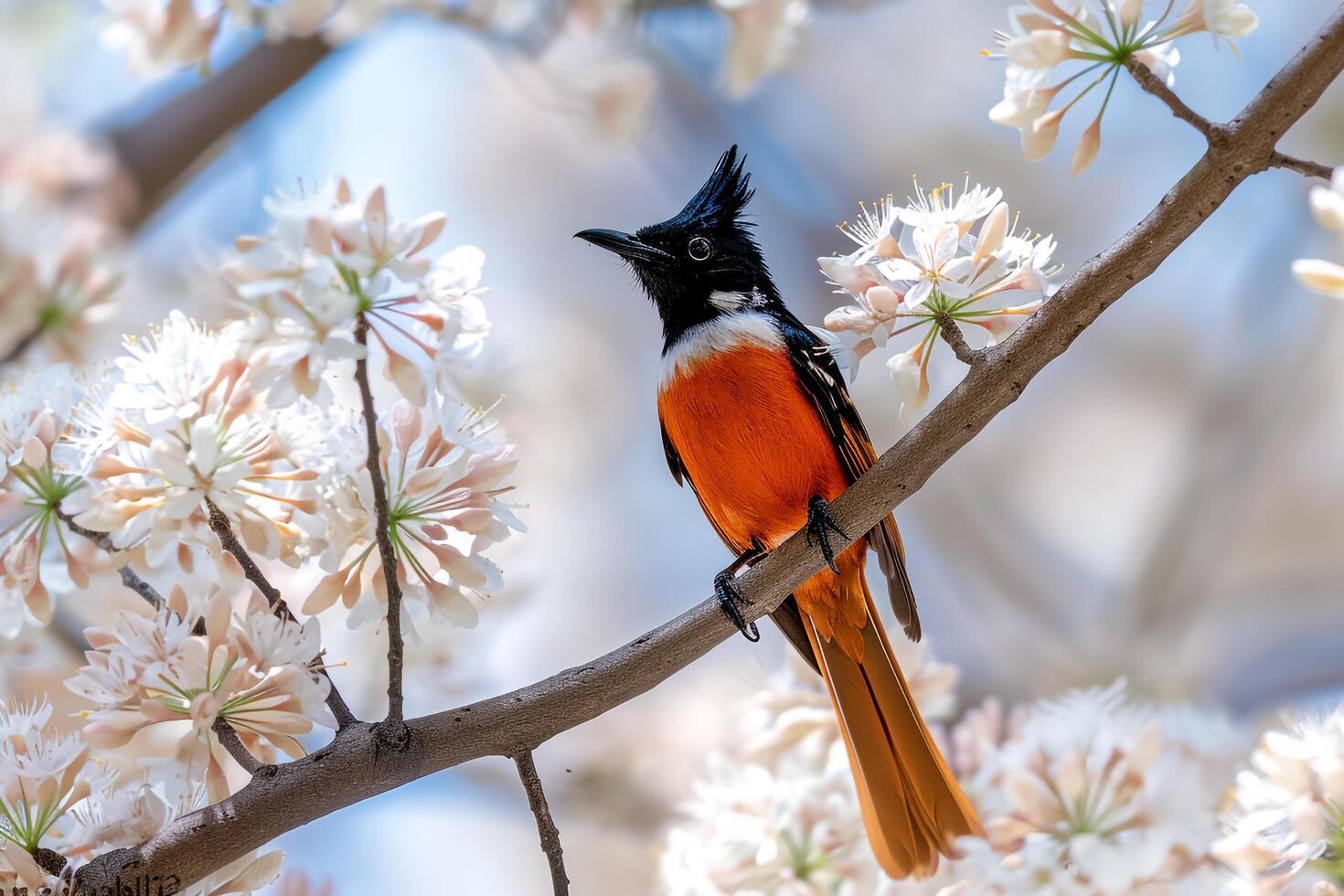 African Paradise Flycatcher Amidst White Jacaranda Blossoms   Nature Background photo
