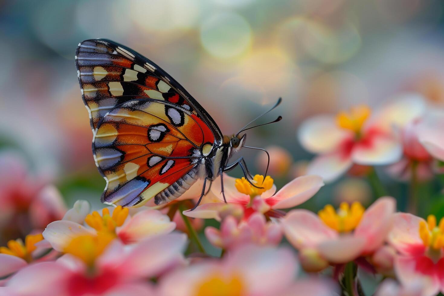 Butterfly Among Spring Blooms   Nature Background photo
