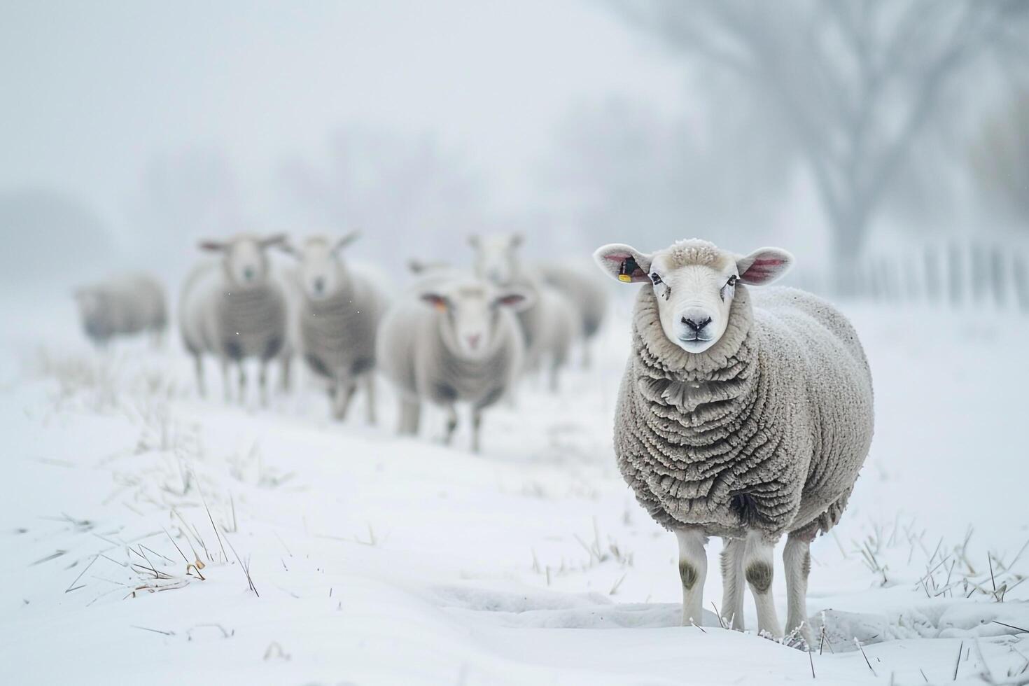 Sheep in a Snowy Pasture with Nature Background photo