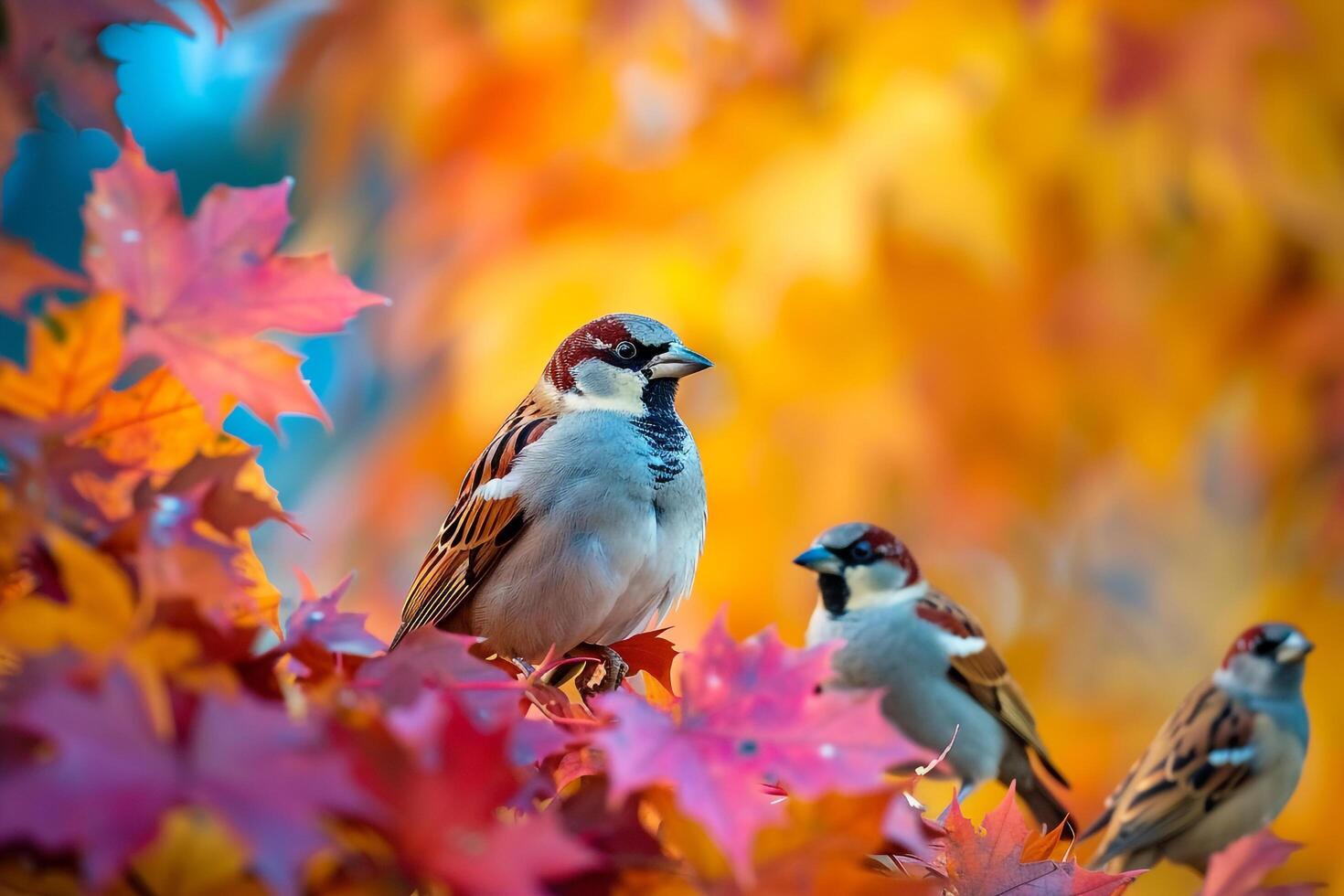 Birds Amidst Fall Foliage in a Backyard with Nature Background photo