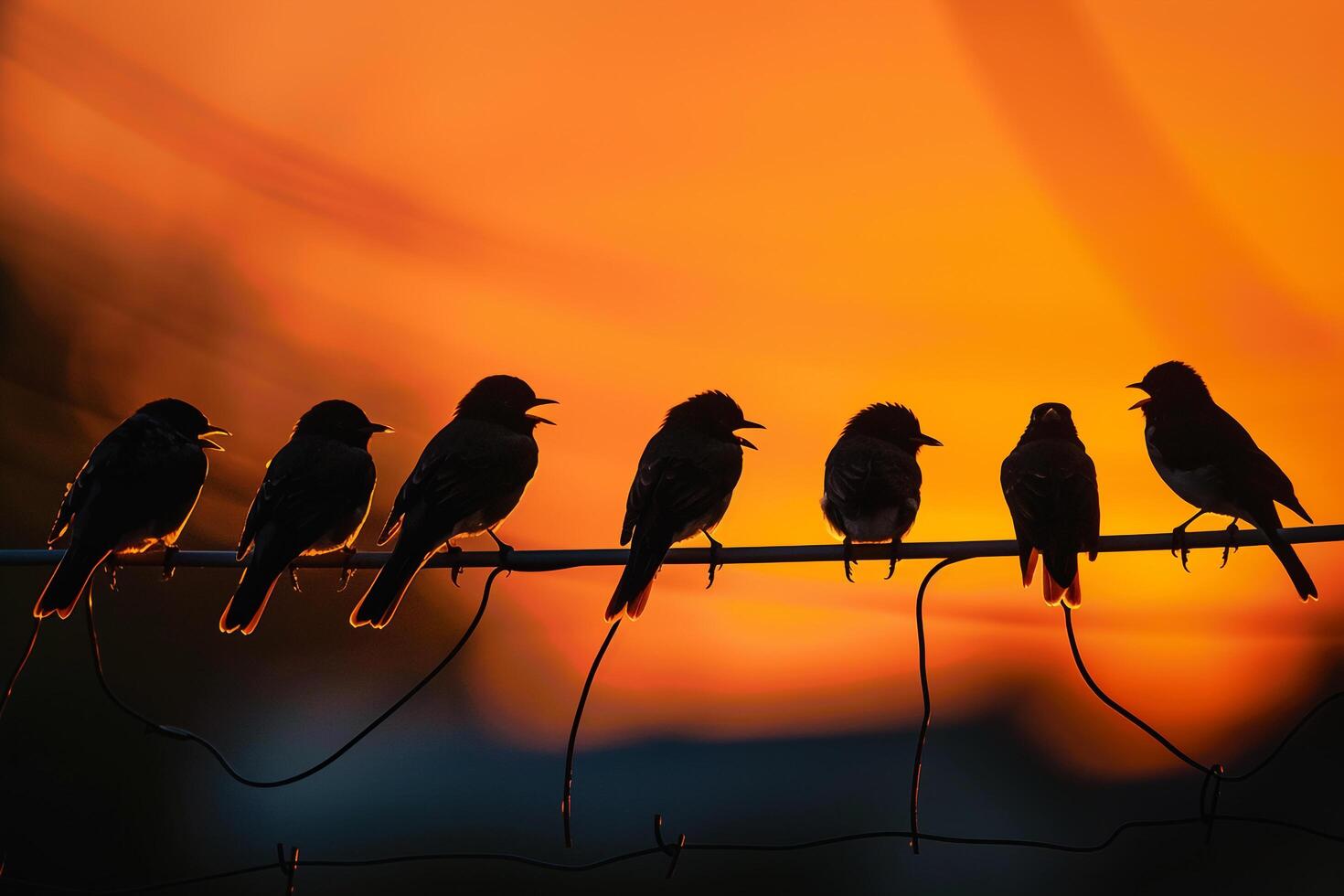 Birds Perched on Backyard Wires Singing at Sunset with Nature Background photo