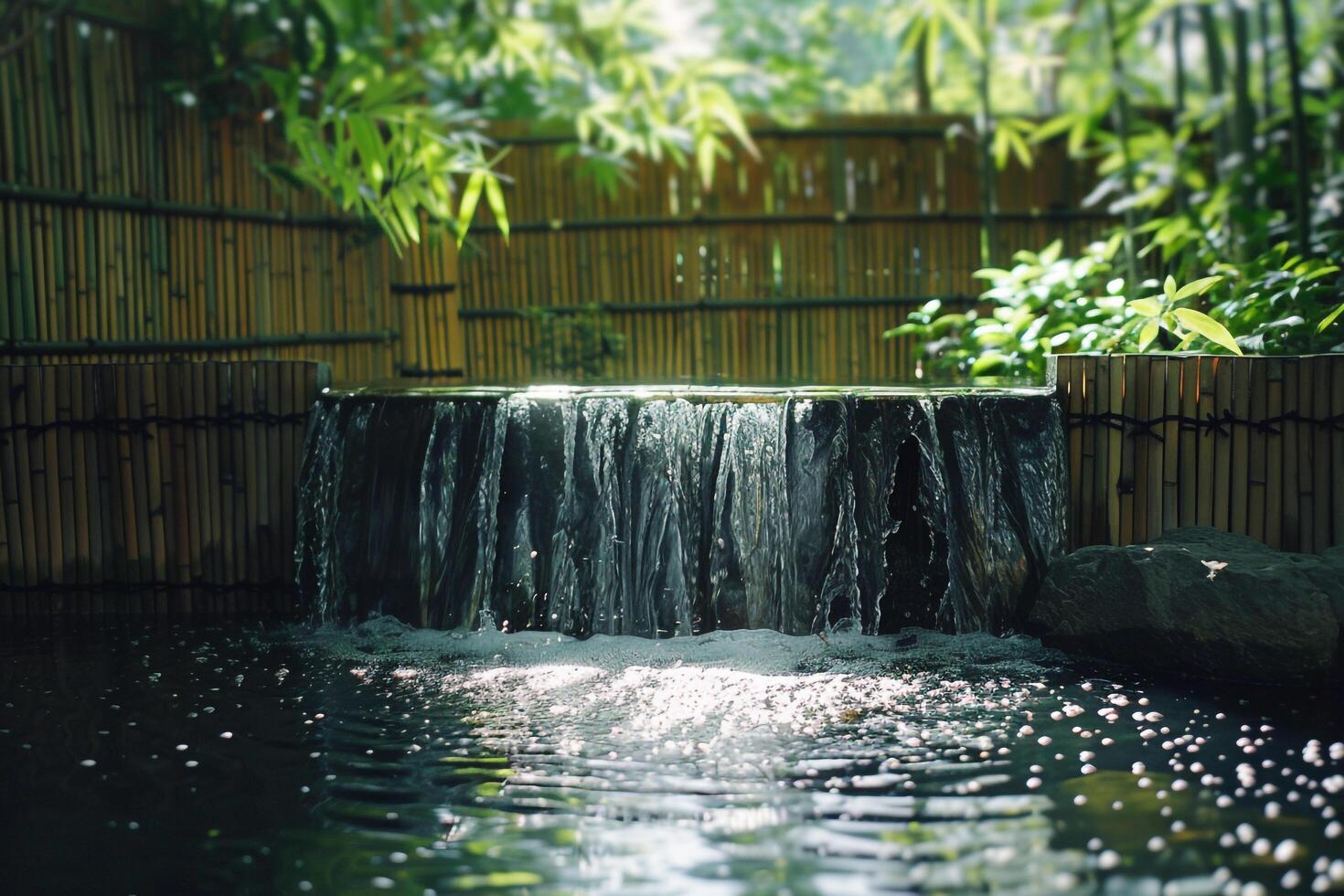 A Serene Waterfall Flowing Gently into a Small Bamboo Lined Pond with Nature Background photo