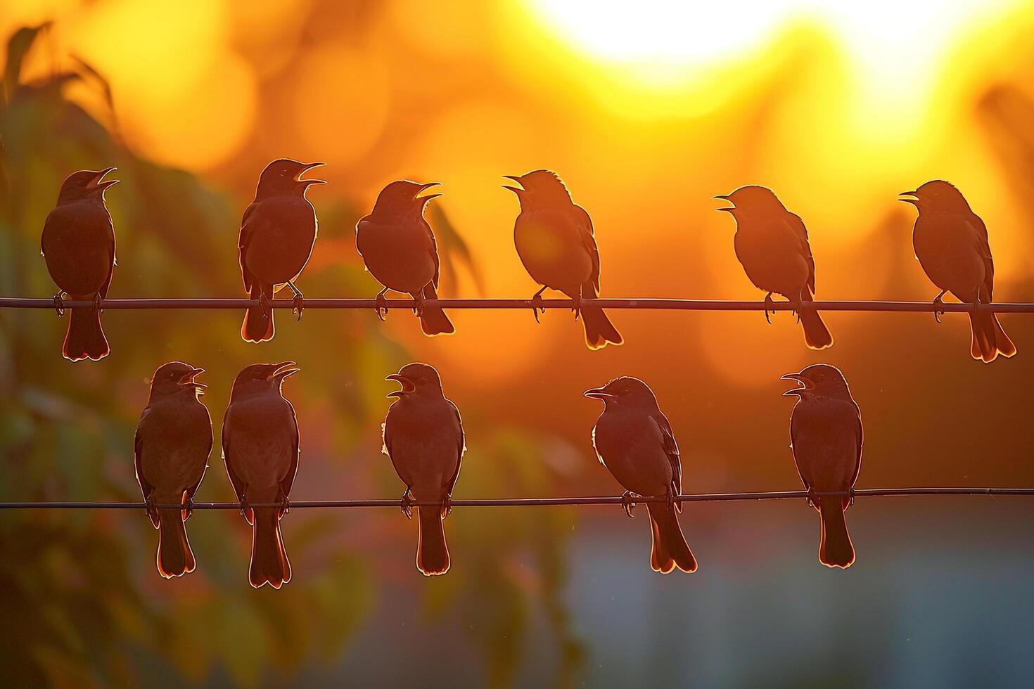 Birds Perched on Backyard Wires Singing at Sunset with Nature Background photo