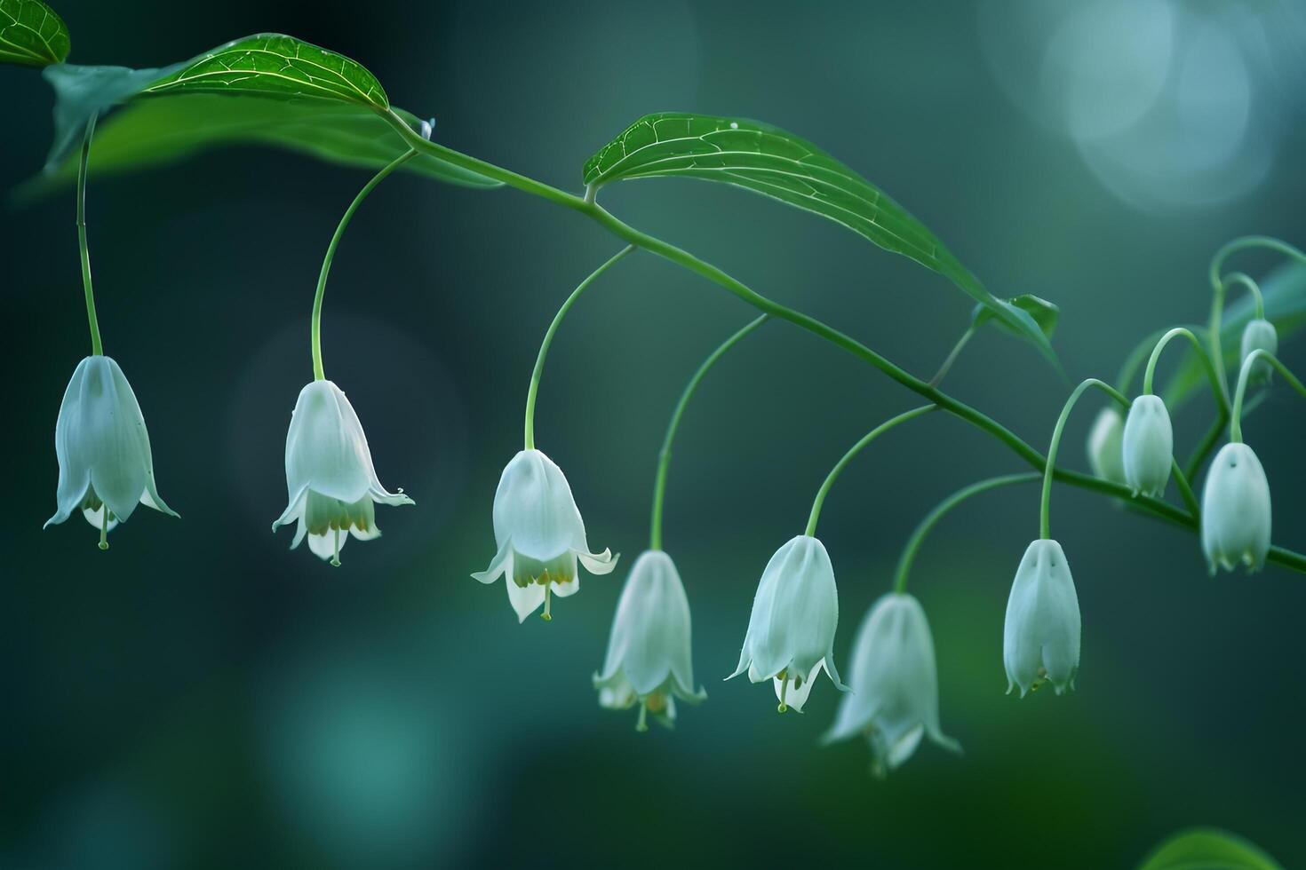 Nature Background of Solomons Seal Flowers with Dangling White Blooms and Arching Stems photo