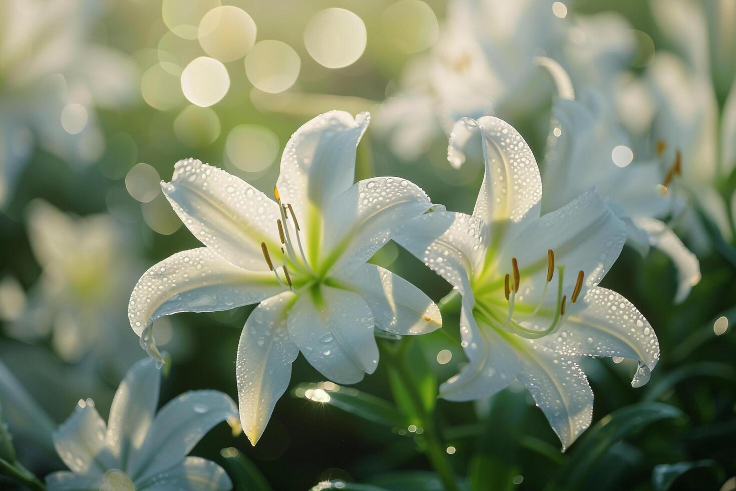 Rain Lily flowers with delicate white petals emerging after rain photo