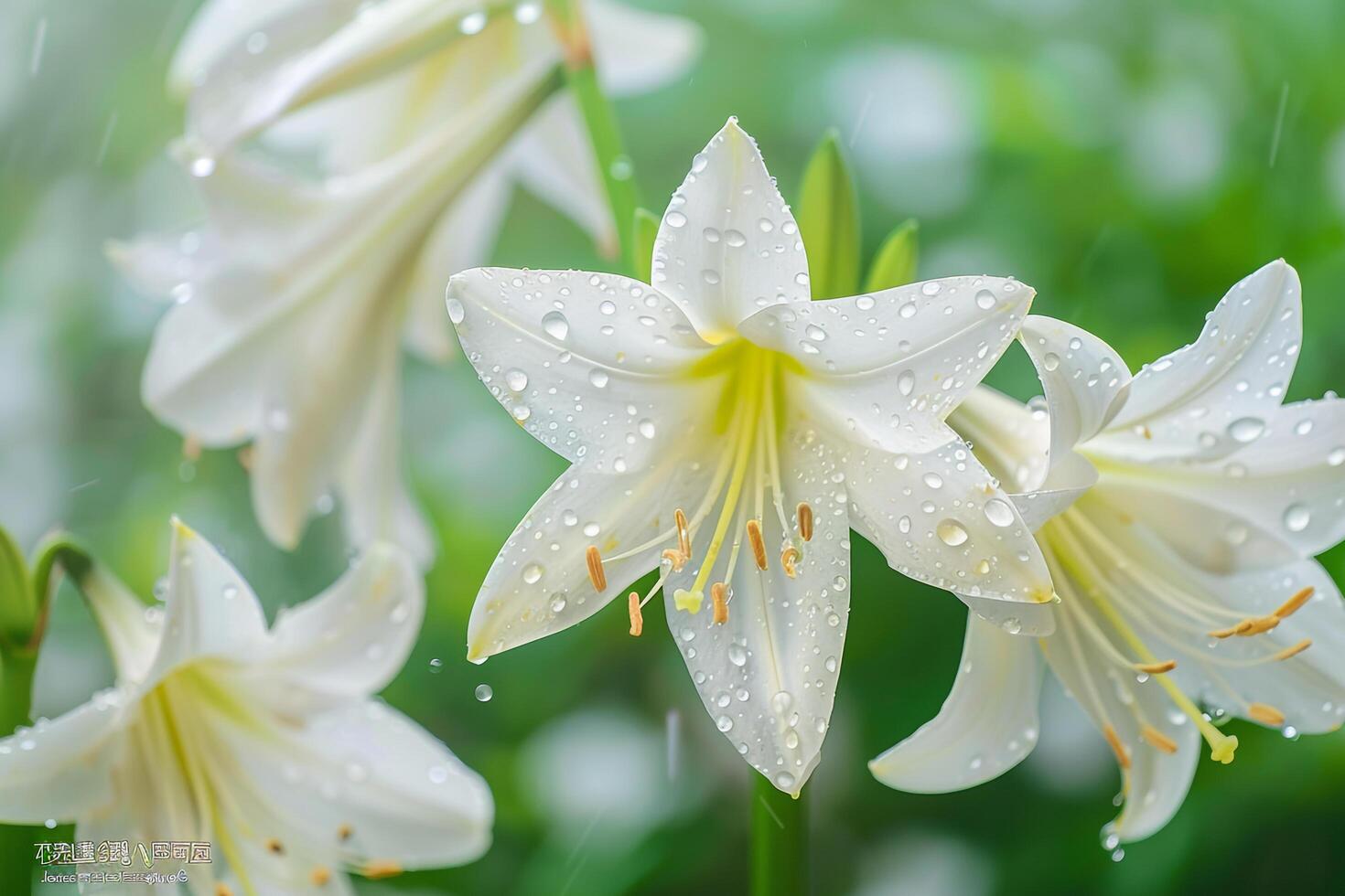 Rain Lily flowers with delicate white petals emerging after rain photo