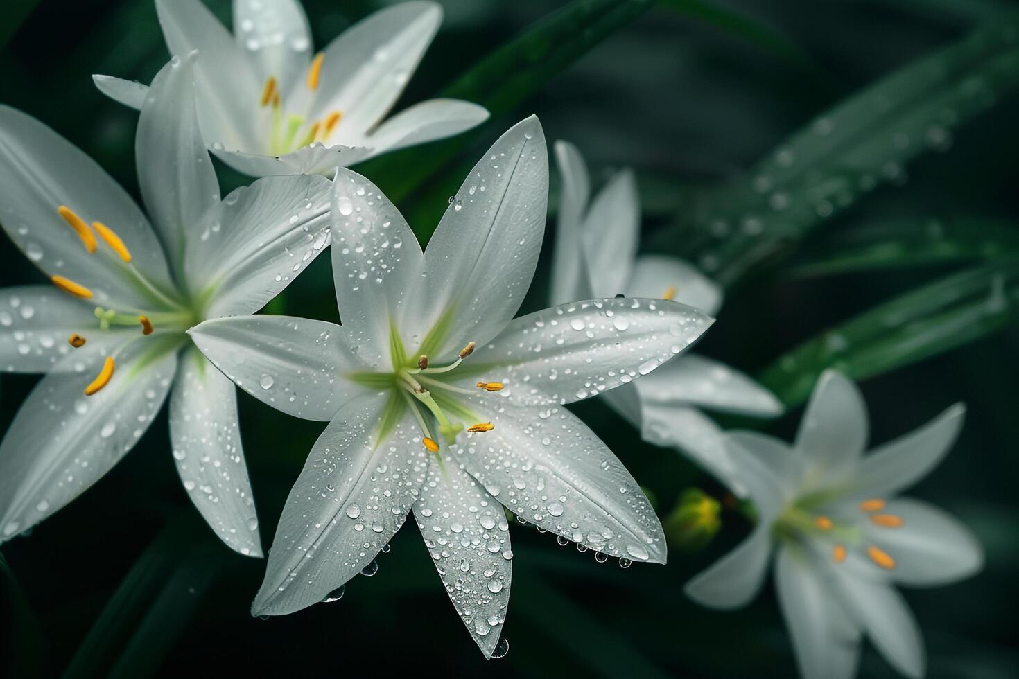 Rain Lily flowers with delicate white petals emerging after rain photo