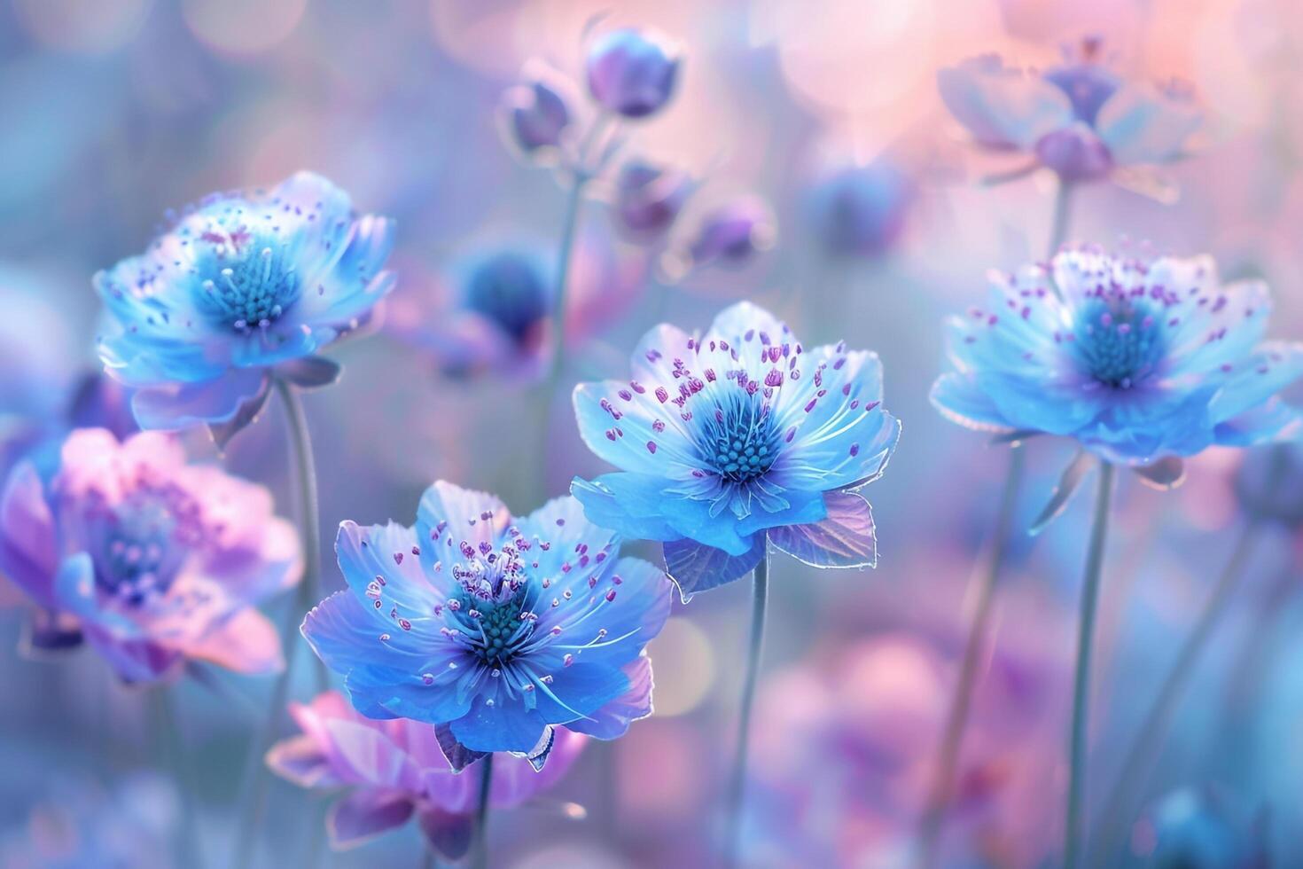 Pincushion flowers with rounded blooms in shades of blue and pink background Nature photo