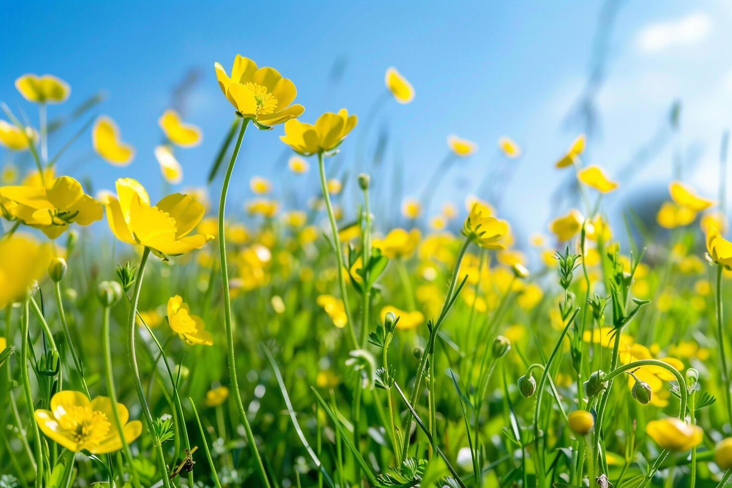 Meadow filled with Buttercup flowers under a clear blue sky background Nature photo