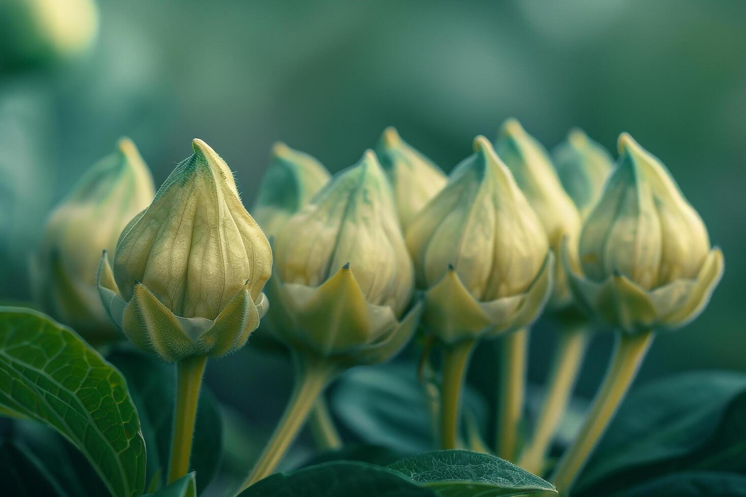 Red Balloon Flower buds about to burst open against a nature background photo
