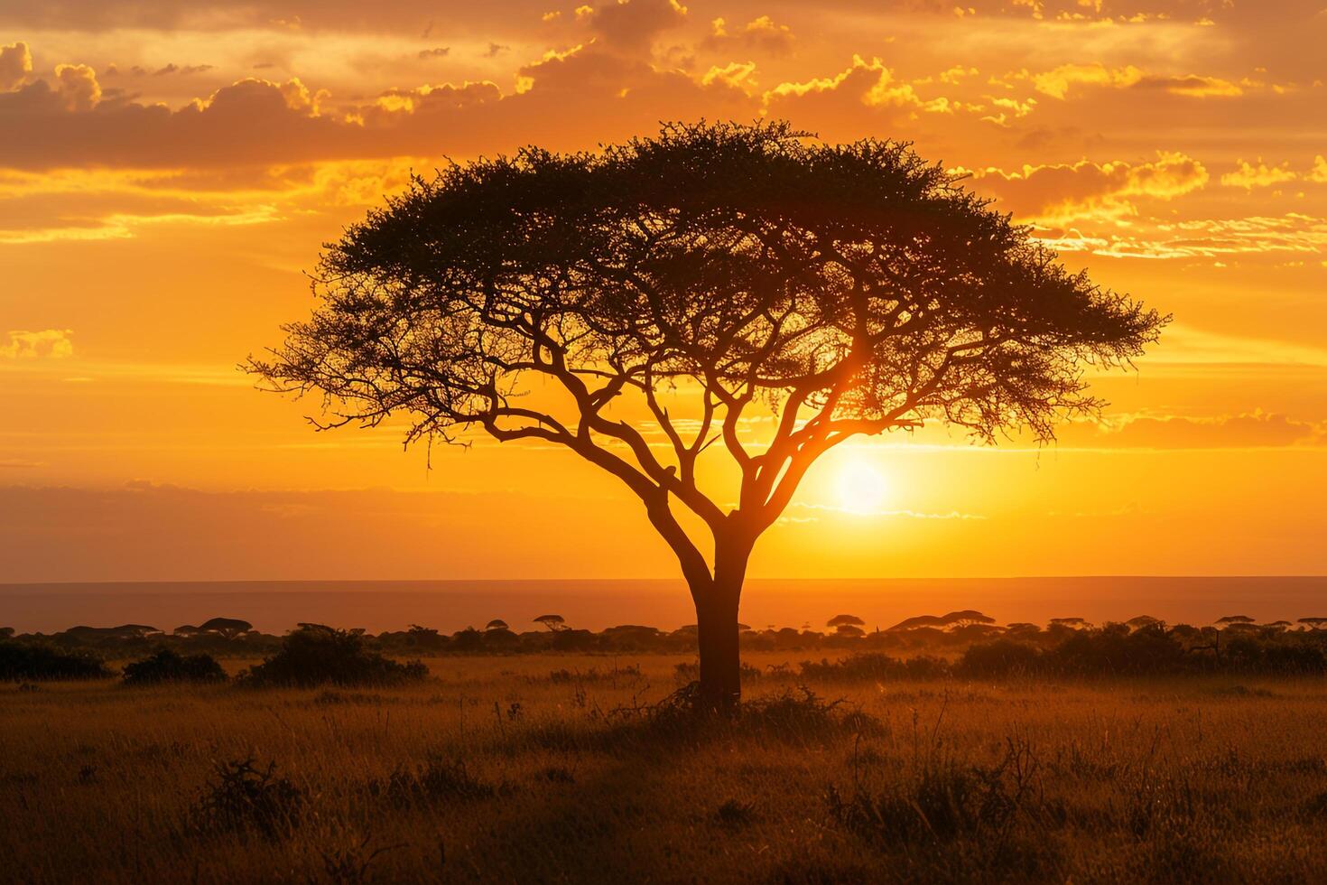 Acacia trees in bloom against a golden sunset sky background nature photo