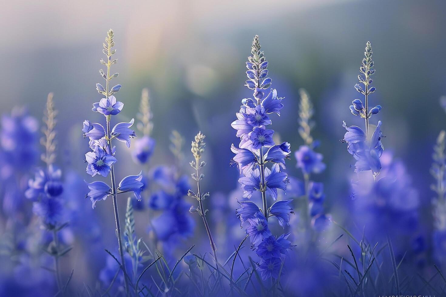 Larkspur flowers with tall spikes of blue blooms in a meadow nature background photo