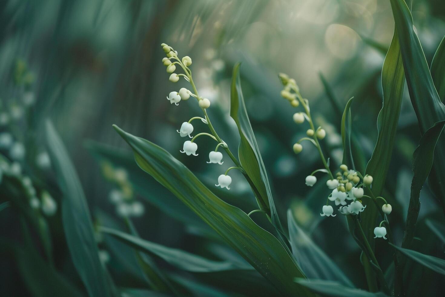 Lily of the Valley flowers with small. bellshaped white blooms against a nature background photo