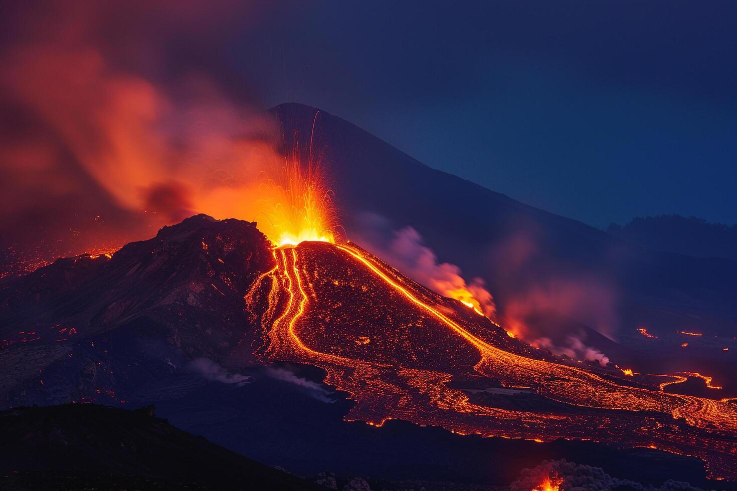 Active Volcano Erupting with Lava Flow and Ash Plume Background Nature photo