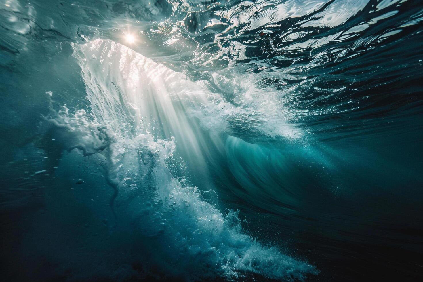 Inside the Barrel of a Breaking Ocean Wave with Sunlight Streaming Through Background Nature photo