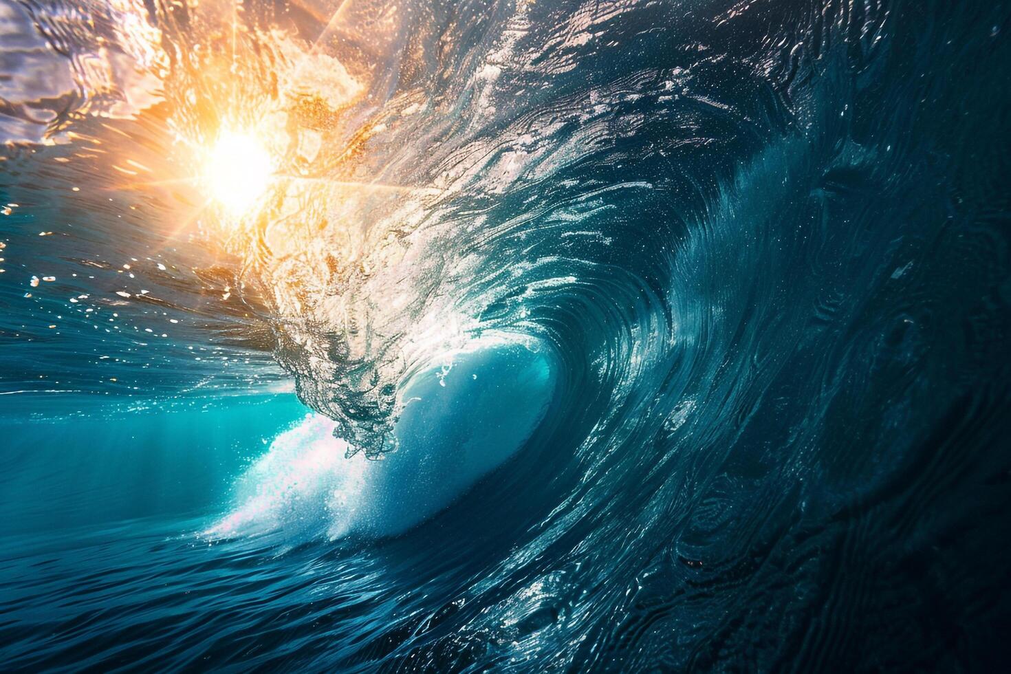 Inside the Barrel of a Breaking Ocean Wave with Sunlight Streaming Through Background Nature photo