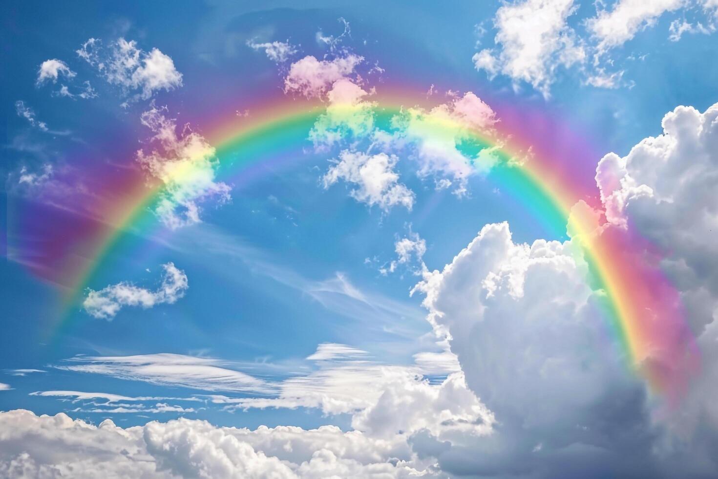 Rainbow Against Cloudy Sky After Rain Nature Background photo