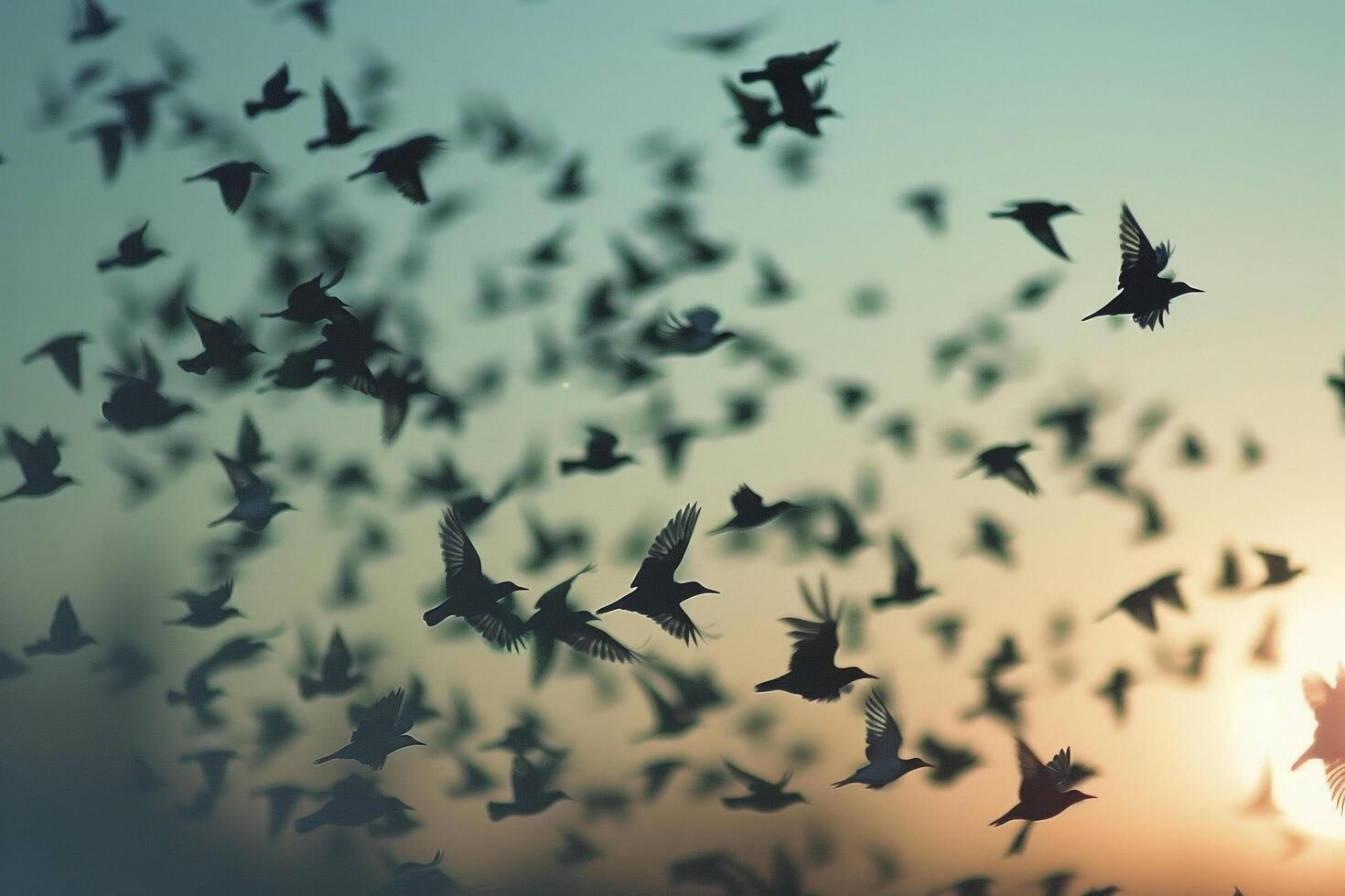 Flock of Starlings Creating Intricate Patterns in the Sky at Dusk Nature Background photo
