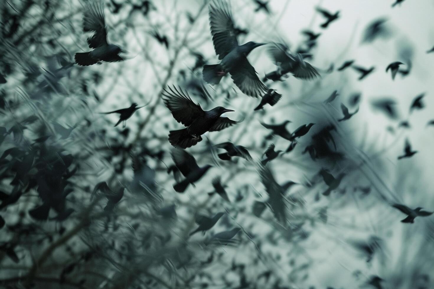 Flock of Starlings Creating Intricate Patterns in the Sky at Dusk Nature Background photo