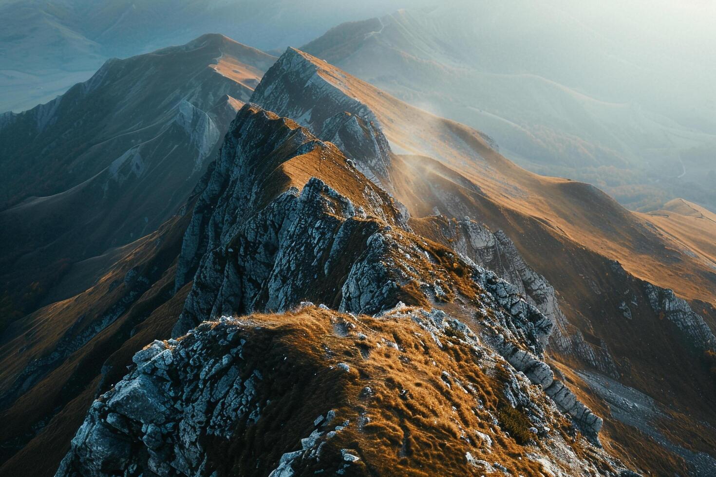 Aerial View of Mountain Ridge from Above with Nature Background. Mountain Ridge. Nature Landscape. Aerial Ridge View. Nature Peaks photo