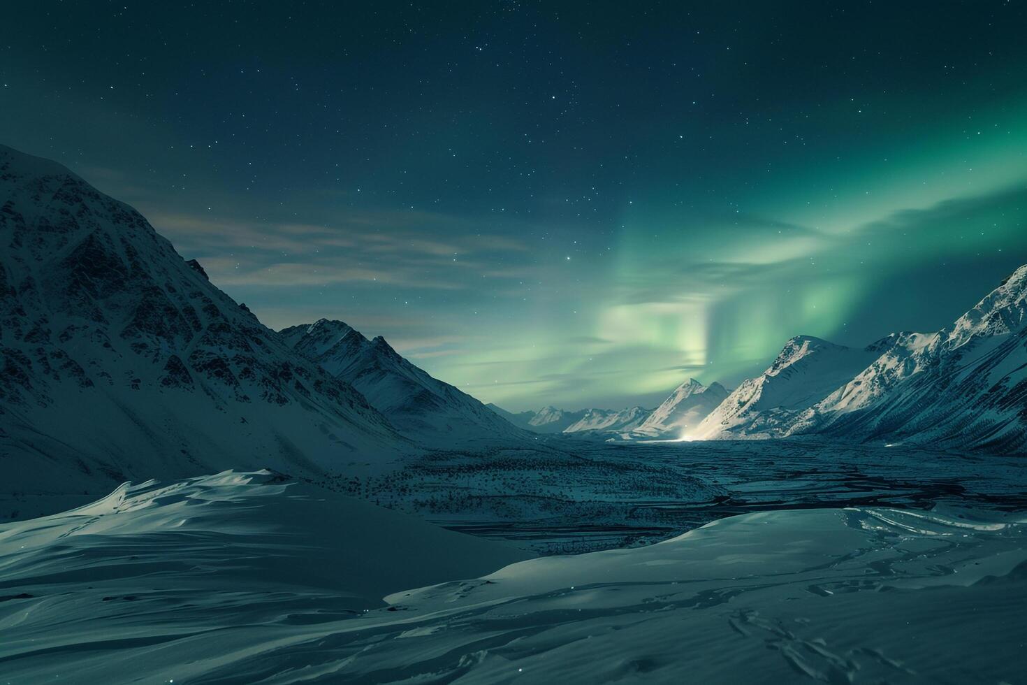 Northern Lights Dancing Over Snowy Mountains. Nature Background photo
