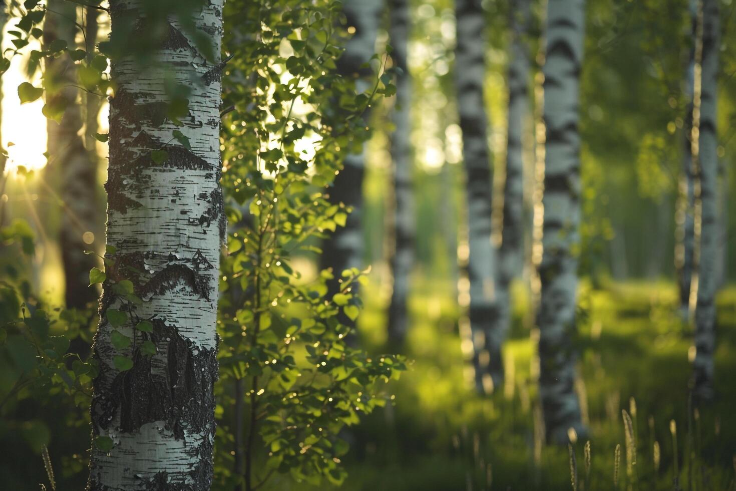 Green Birch Tree Grove with Dappled Sunlight. Nature Background photo
