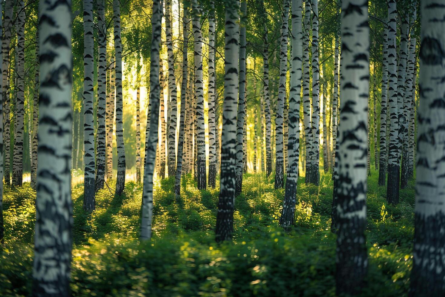 Green Birch Tree Grove with Dappled Sunlight. Nature Background photo