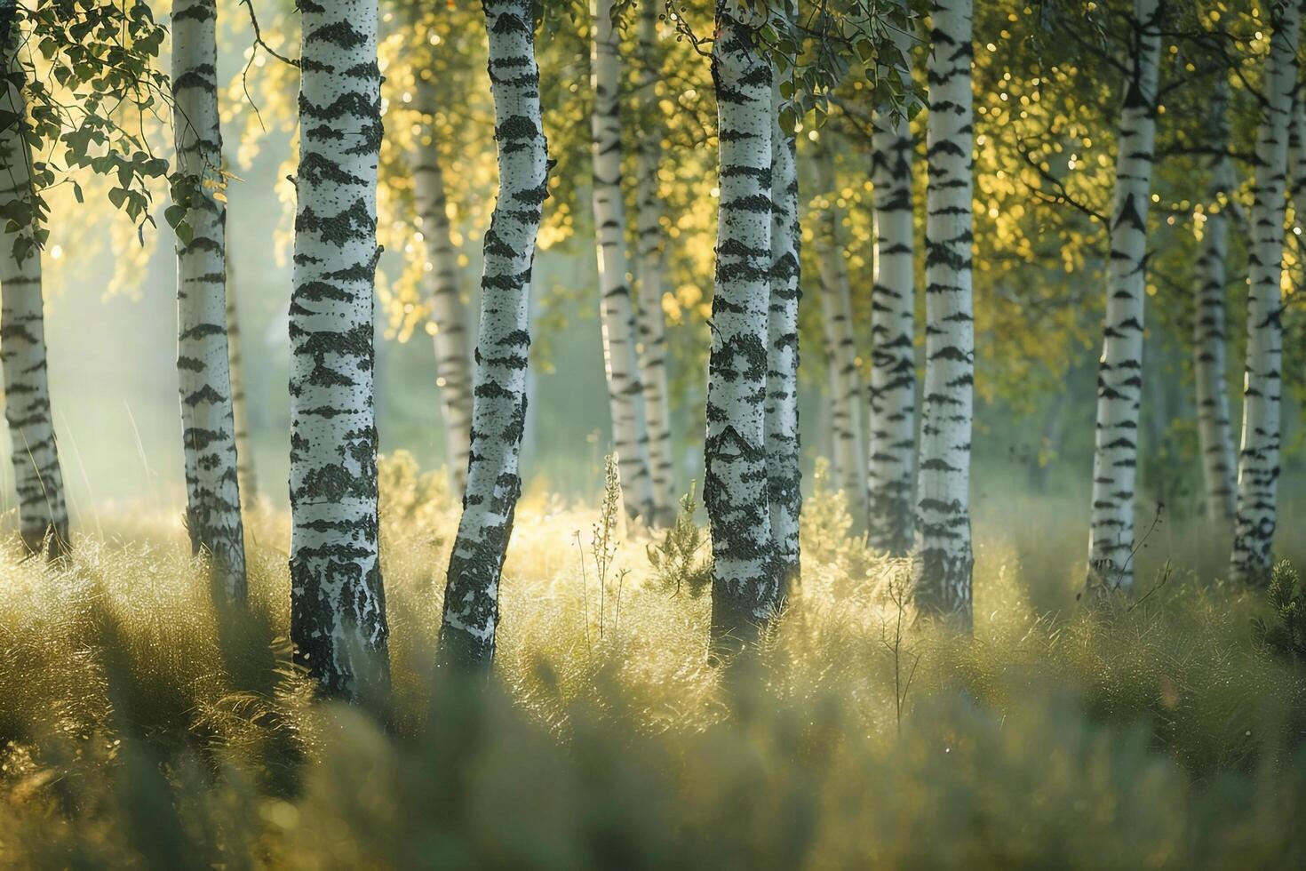 Green Birch Tree Grove with Dappled Sunlight. Nature Background photo
