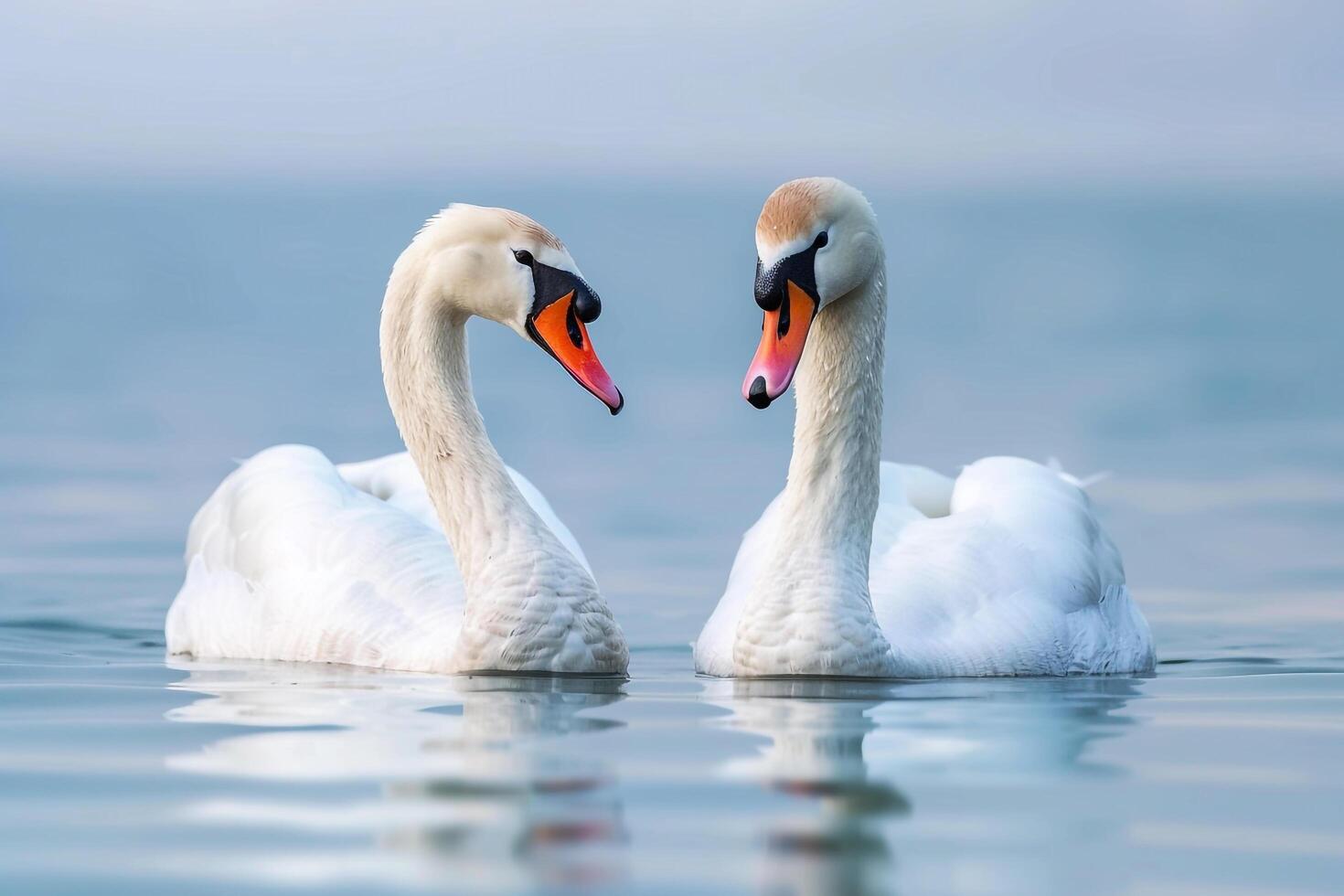 Swan Pair Swimming on Lake. Nature Background. Serene Water Scene photo