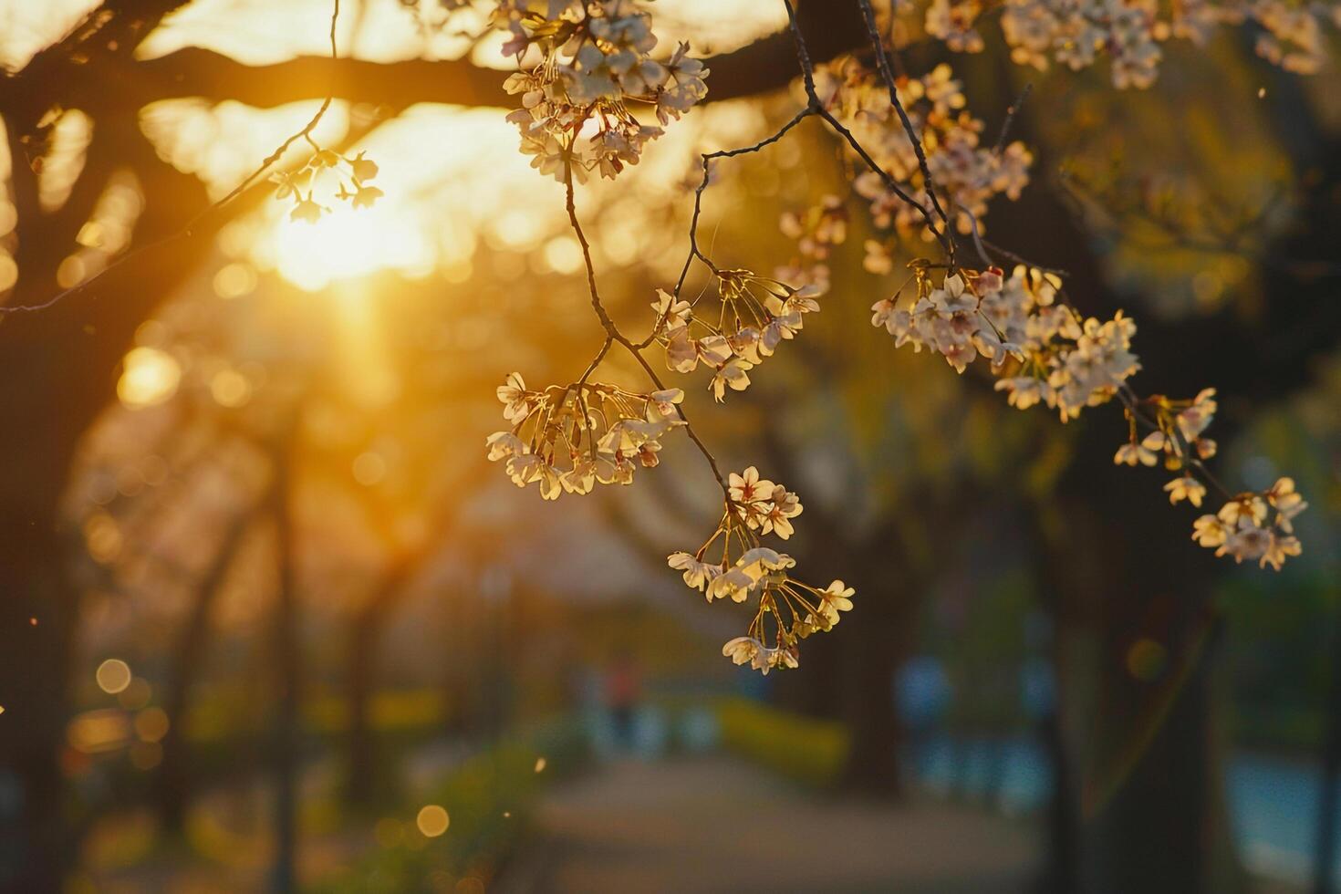 Green Cherry Blossom Arch in Park. Nature Background. Spring Scene photo